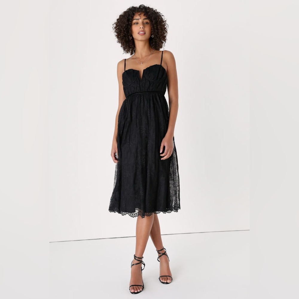 🖤 Lulus My Darling Daydreamer Black Lace Bustier Midi Dres